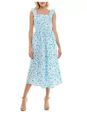 Draper James White and Blue Floral Square-Neck Midi Dress Size XL